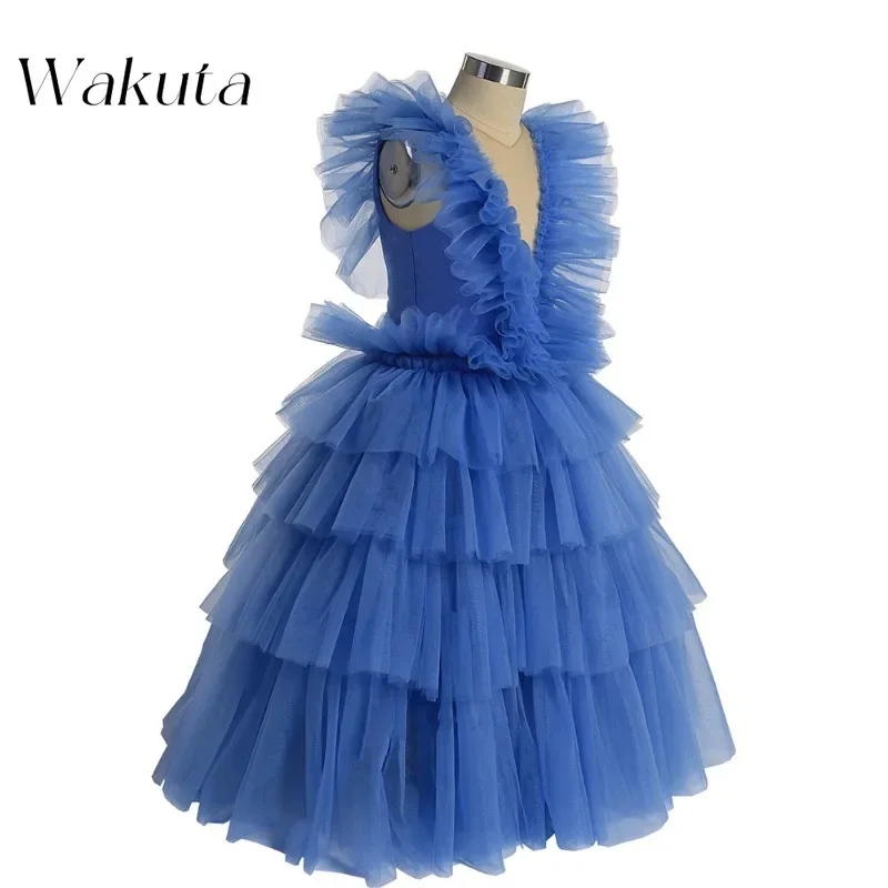 Wakuta-Vestidos De Malha Sem Mangas, Sexy V-Neck, Vintage Waisted Vestido Em Camadas, Chiffon Aniversário De Volta à Escola, Vestidos, Em Camadas