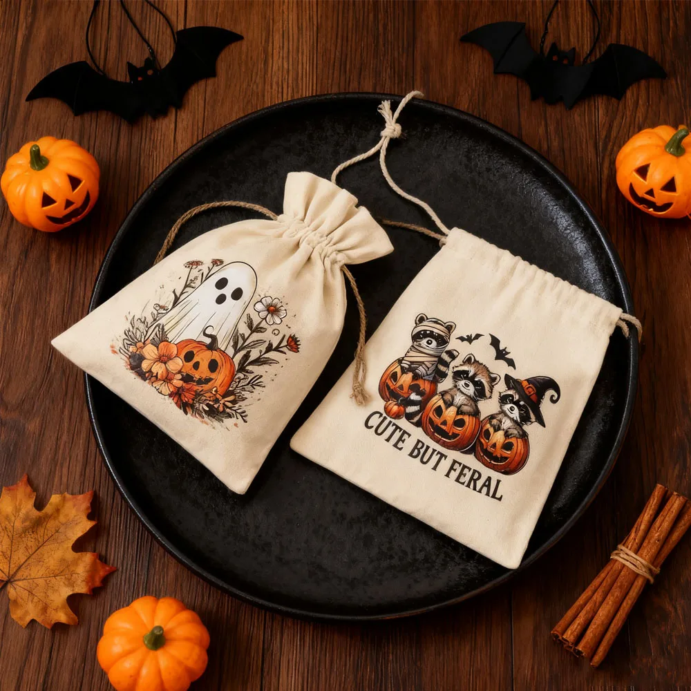 

12pcs Happy Halloween Ghost Cotton Bags Muslin Drawstring Pouch Bracelets Pumpkin Candy Goodies Packaging Canvas Linen Organizer