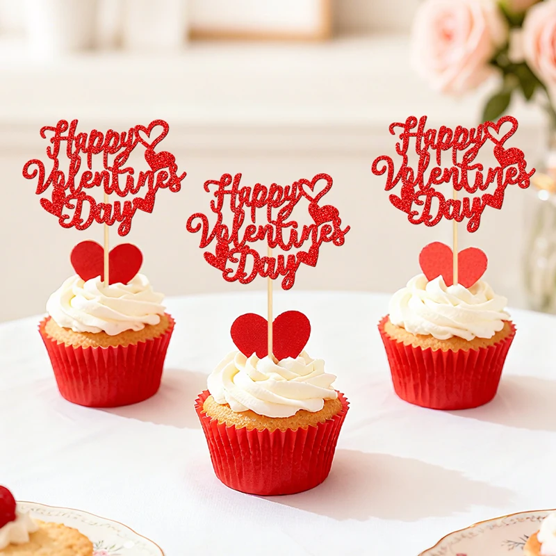 YOMDID 24 Stück Cupcake-Topper zum Valentinstag, glitzernde Cupcake-Picks zum Valentinstag, Hochzeitstorte, Dekorationen, Zubehör