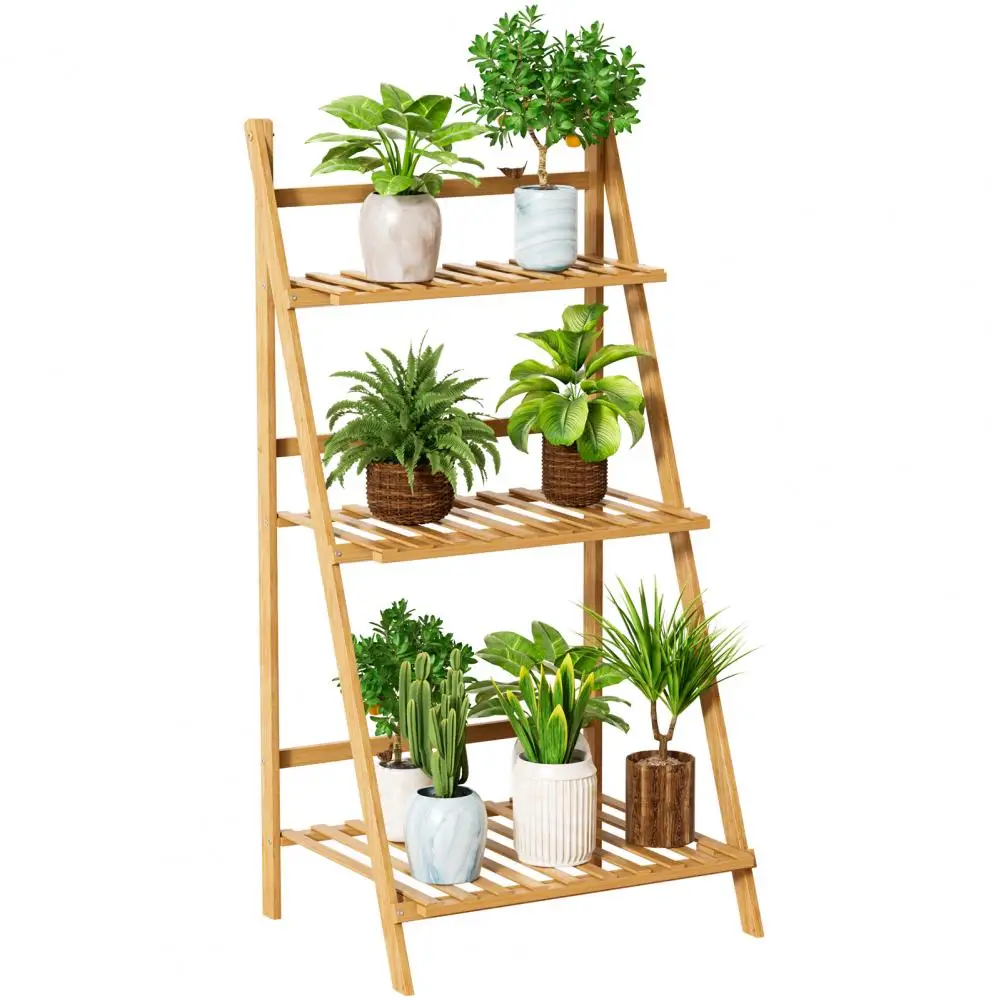 

3-Tier Bamboo Ladder Plant Shelf, Foldable Display Rack for Pots, Indoor Outdoor Balcony Decor, Easy Assembly