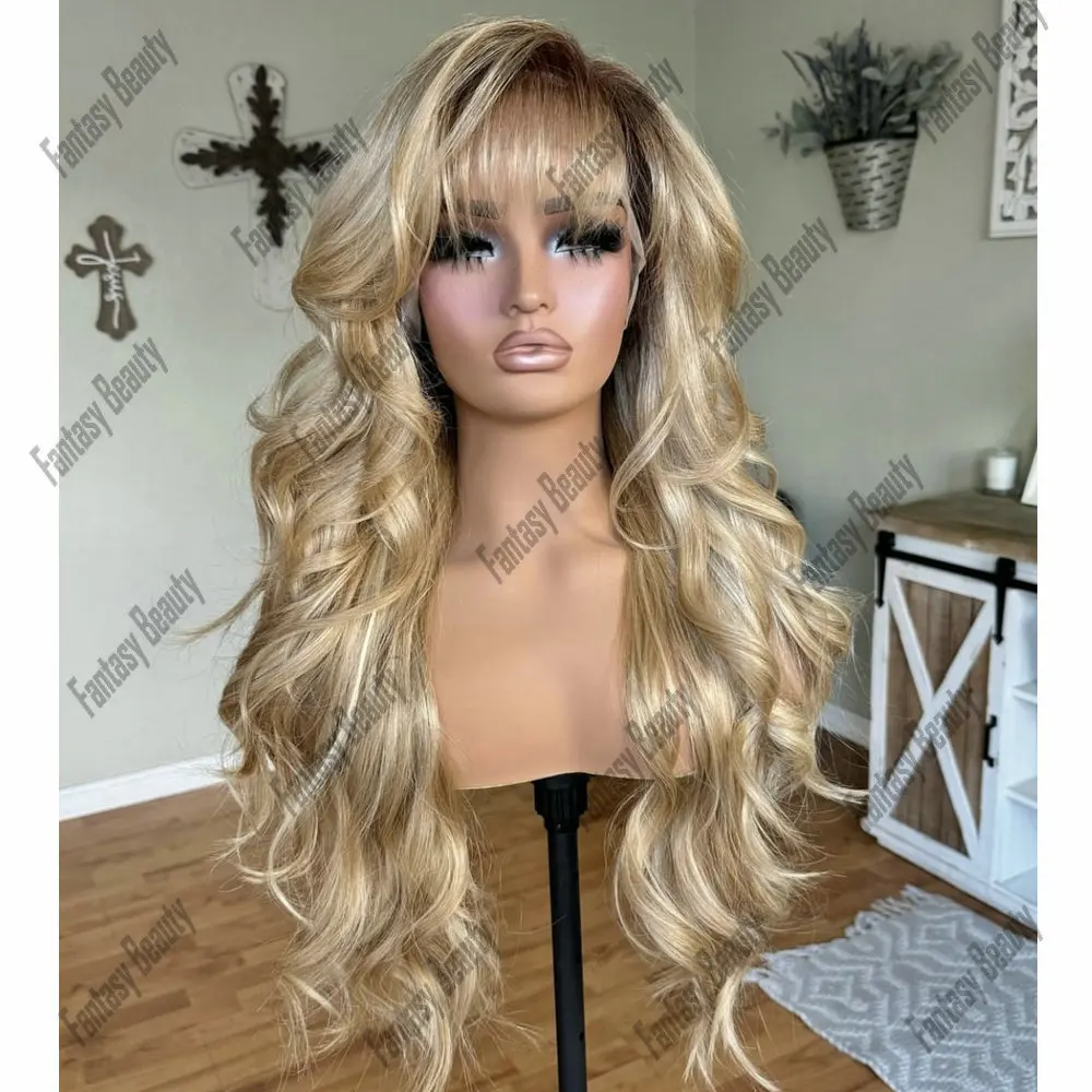 100% Human Hair Full Lace Wigs Quality Ombre Light Blonde Body Wave With Bangs Glueless 13*6Lace wigs Human Hair Indian Hair Wig