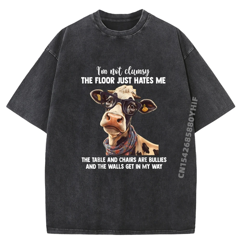 

Cow I M Not Clumsy The Floor Just Hates Me The Table Graphic Tee Shirt Men's Shirt Stylish Washed T Shirt