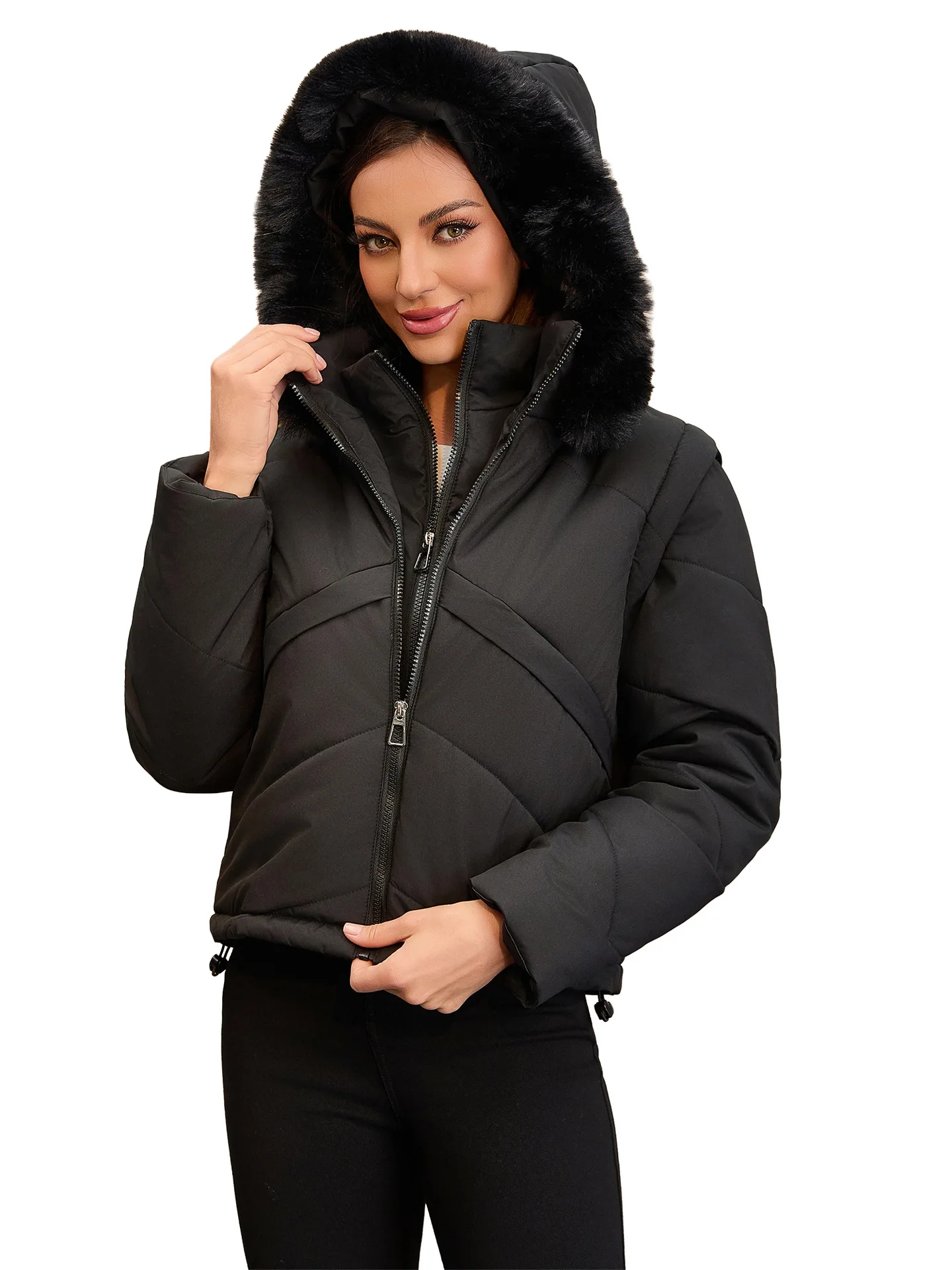 2025 New Fashionable Detachable Sleeve Cotton-Padded Jacket Warm Hooded Short Autumn Winter Coat for Women