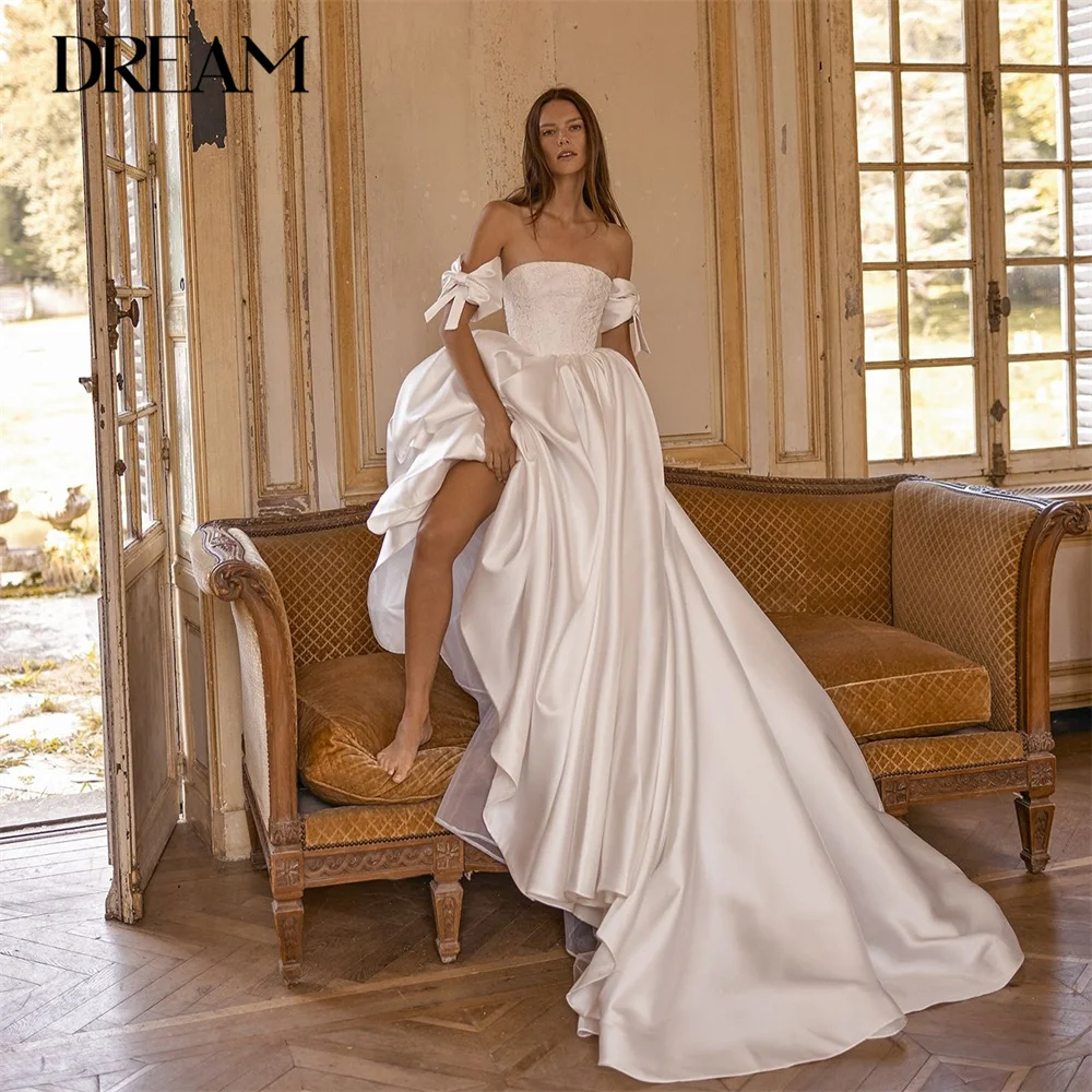 

DREAM Satin Pleat A-Line Wedding Dress Off The Shoulder Lace Applique Open Back Bows Bridal Gown Vestido De Novia Customized