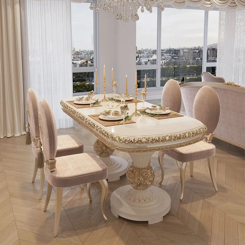Customized French solid wood dining table and chair Modern luxury rectangular carved dining table European romantic princess