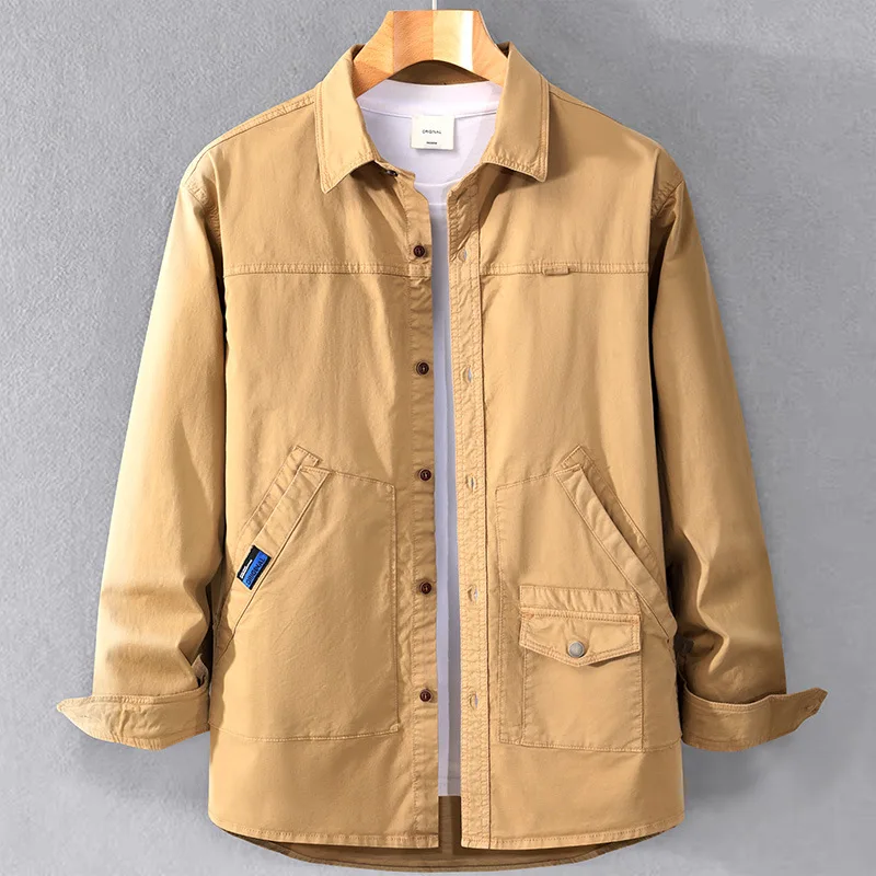 

Men's Autumn Faion Korean Sle Workwear irt Jaet Casual Loose Fit Long Sve Pure Cotton Versatile Outerwear