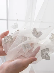 Three-dimensional butterfly embroidered pearl embroidered new white gauze curtain living room curtain