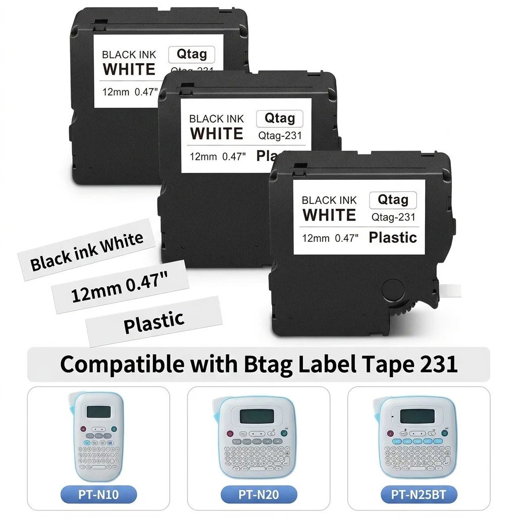 Kompatibel mit Btag Etikettenband Btag 231 Schwarz auf Weiß 12mm (0,47 Zoll) x 4m Ersatz für Brother P-Touch PT-N10, PT-N20