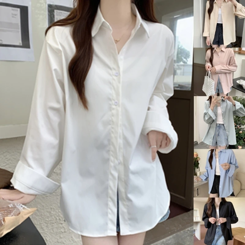 Trang phục công sở bằng vải polyester thanh lịch Áo dài tay có nút cài rộng Áo thoải mái cho phụ nữ và bé gái