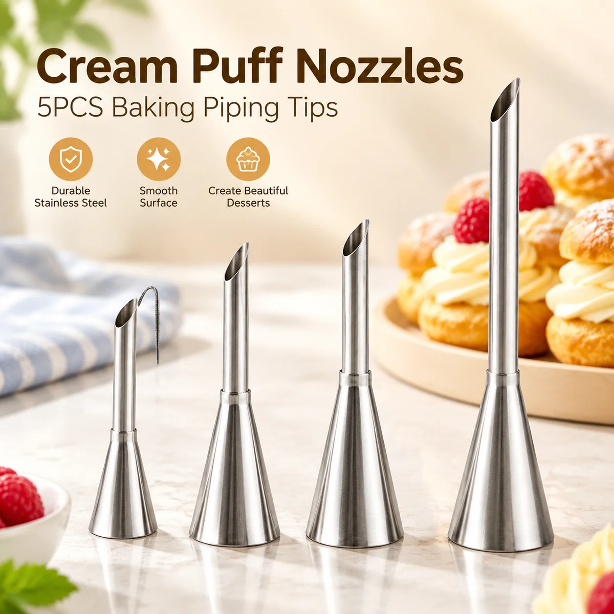 5PCS Stainless Steel Cream Puff Filling Nozzles, Slanted Piping Tips for Pastry Decorating, Cupcake and Cake Baking