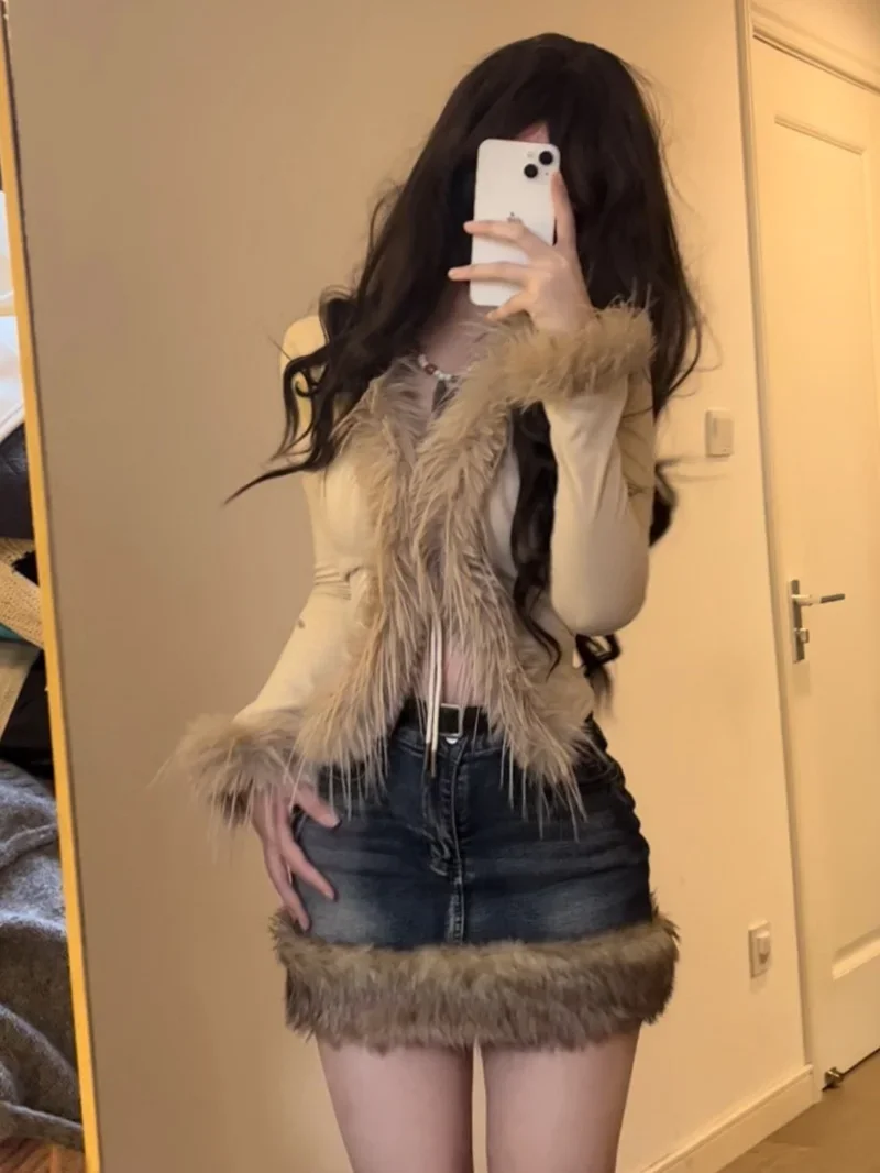 

Washed Fur Paneled Denim Skirt for Women Retro Sexy Hot Girl High Waist A-line Y2k Skirt Fashion Casual Package Hip Skirt