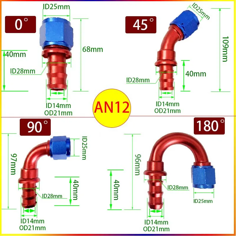 Universal AN4 AN6 AN8 AN10 AN12 Push-on-Schlauchanschlüsse für Kraftstoff- und Ölkühler 0 45 90 180 Grad Wiederverwendbarer Adapter Rot Blau – Detail 8