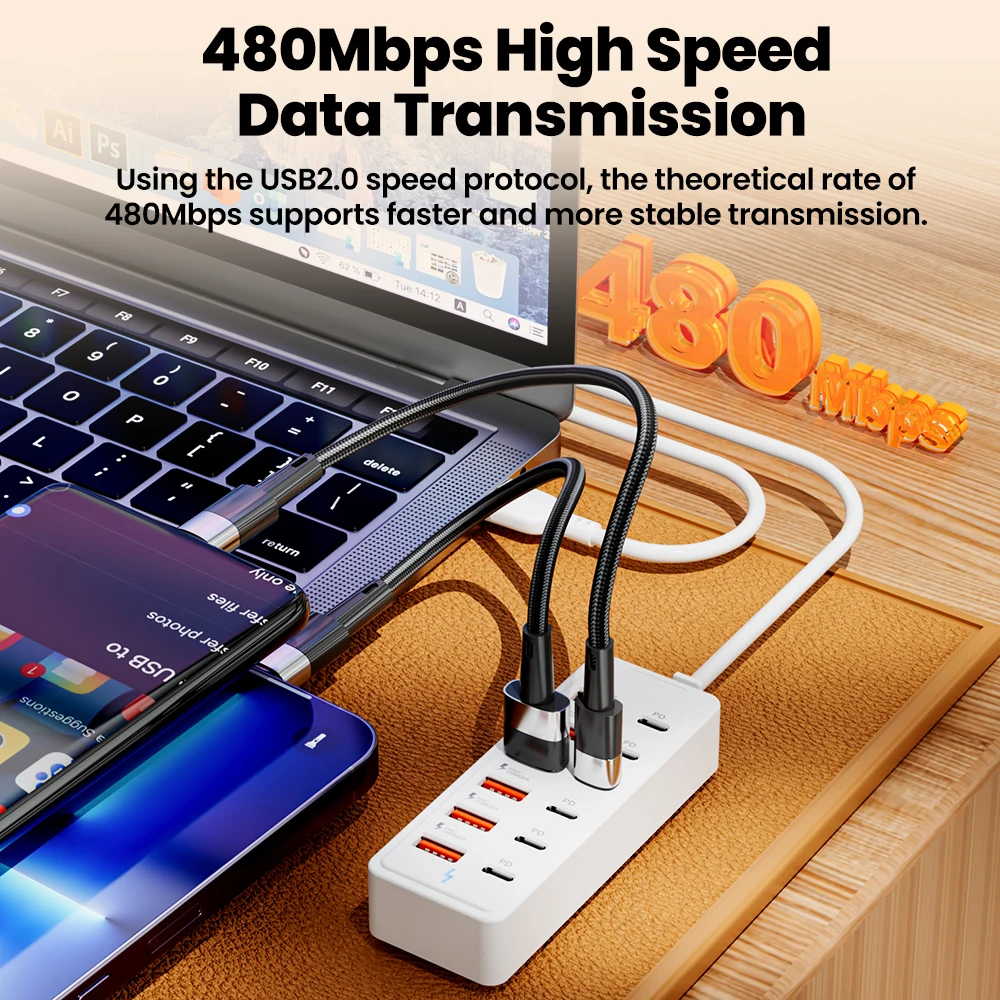 شاحن USB سريع 12 في 1 قطاع الطاقة محطة شحن سطح المكتب شحن سريع 1 متر سلك USB HUB مأخذ توصيل محول للمكتب المنزلي