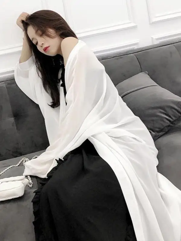 Ultra-Fada Proteção Solar irt Feminino Midi Comprimento Chiffon Cardigan Aberto Estudante Furador Externo Ultrafino Faion Solto S...