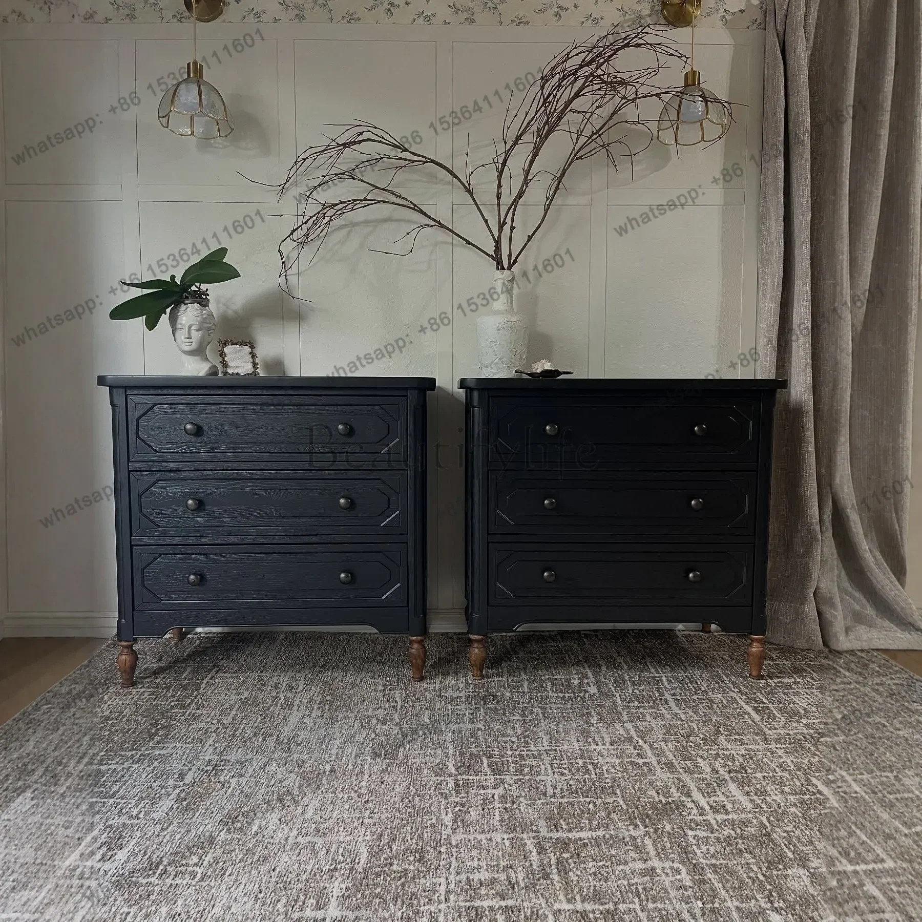 

yj58 D25American solid wood bedside table, bedroom storage edge, French installation-free three-draw bedside table