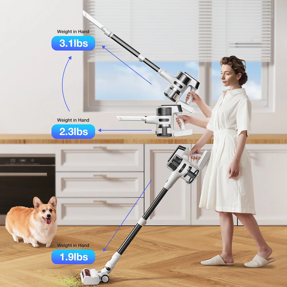 MOOSOO S5 Mate Cordless Stick Vacuum Cleaner 7x2600mAh 20kPa Powerful Suction 55min Runtime 1L Dustbin Green LED Technology