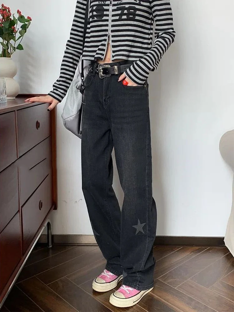 Nova moda jeans preto feminino baggy perna larga elegante ulzzang ins chique all-match bf casual estudantes streetwear jovem vintage