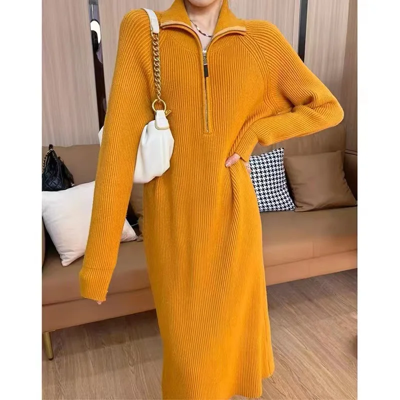 

Women Knitted Dresses Long Solid Dress Zipper Long Sleeve Turn Down Collar Ankle Length Thick Loose Casual 2025 Autumn Winter