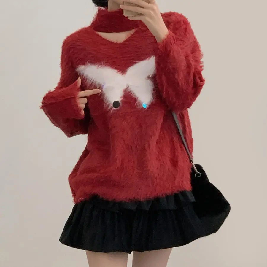 

Loose Korean Sle Knitted Long Sve Sweater Ne Hanging Embroidery Mink Fur Handmade Cisas Theme Women's Fa...