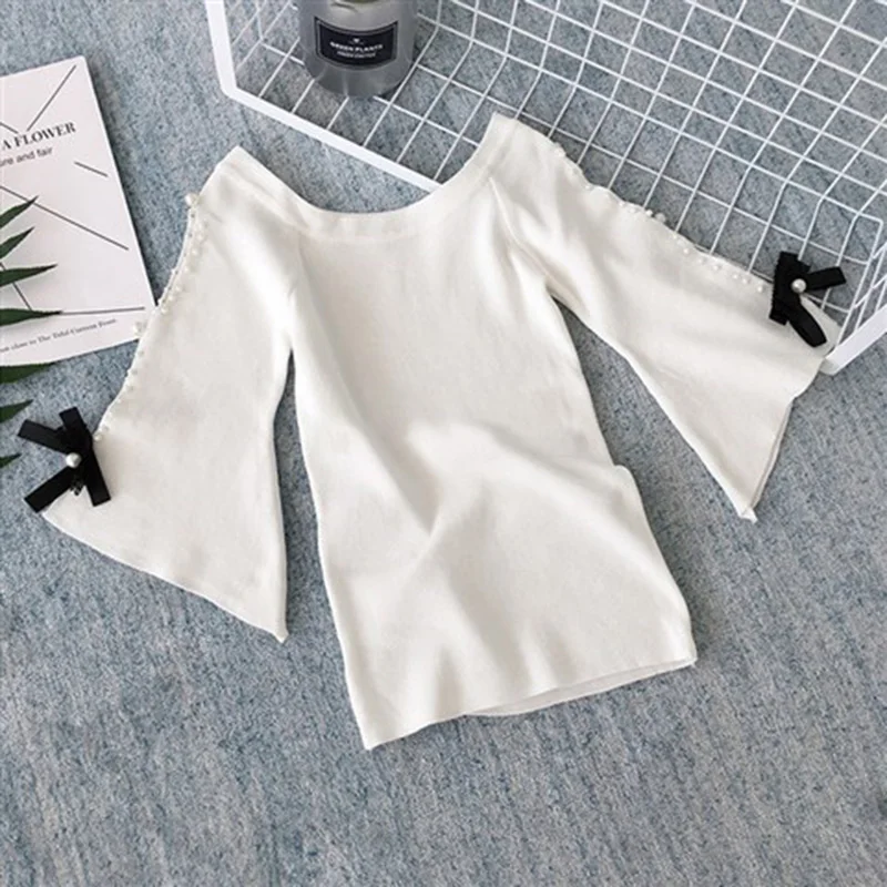 Stylish Loose Knitted Off Shoulder Bow Beading Blouse Female Clothing 2023 Summer New Casual Pullovers Sweet Flare Sleeve Shirt