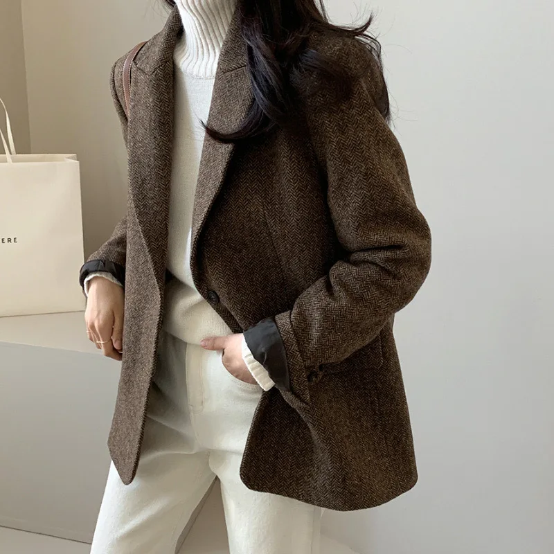 Wool Loose Women Blazer 2023 New Fashion Office Ladies Button Up Turn Down Collar Coats Vintage Long Sleeve Chic Jacket