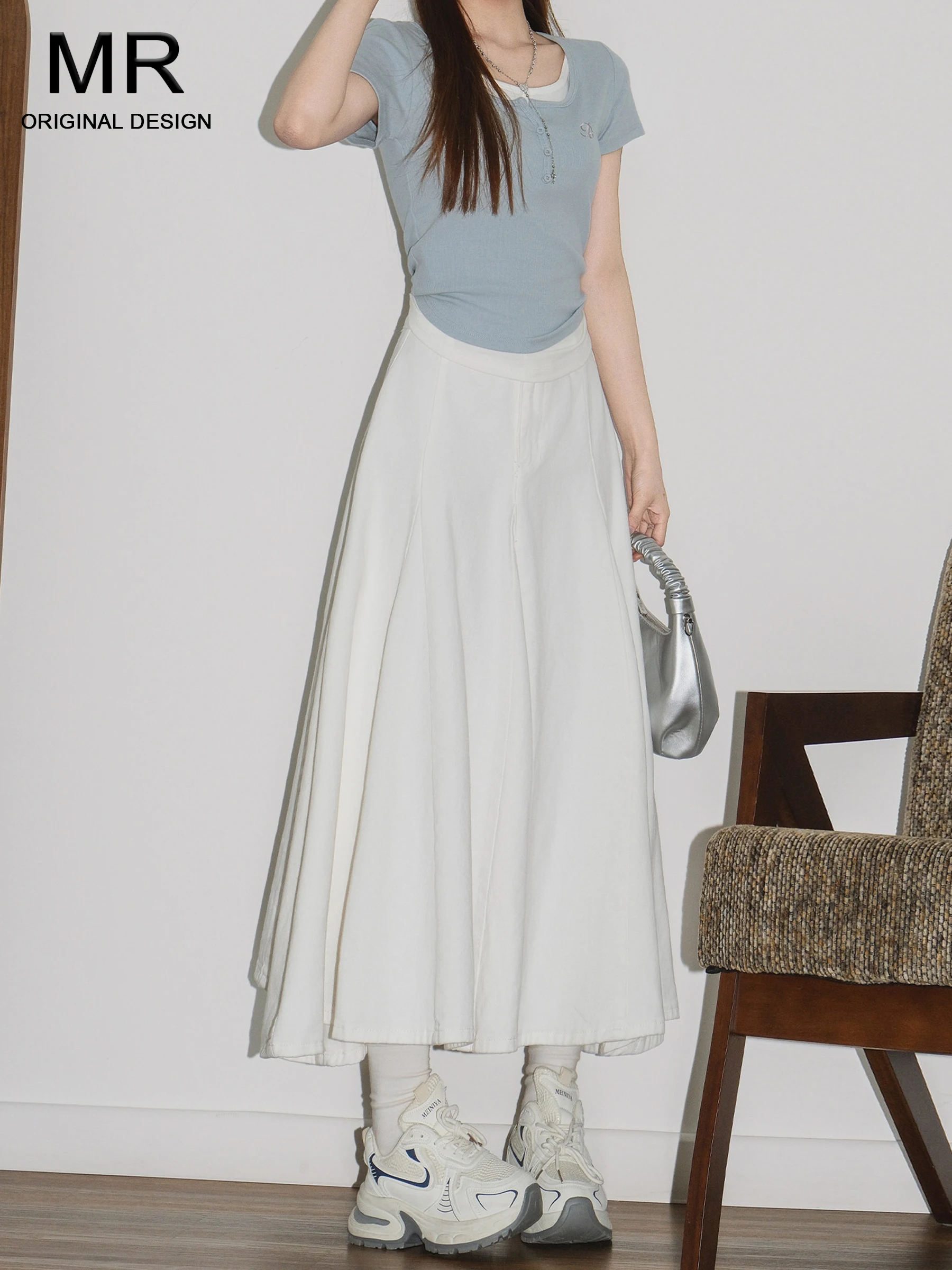 

Белая женская летняя юбка-миди с высокой талией, плиссированная, А-силуэт, фасон «рыбий хвост», повседневный стиль, без хлопка, 100% стандартный крой