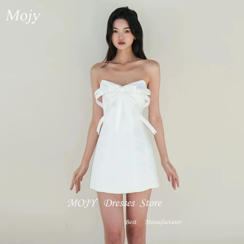 Вечернее платье Mojy для дня рождения, белое мини-платье без бретелек с открытыми плечами и бантом, трапециевидное платье для девочек, короткое милое платье