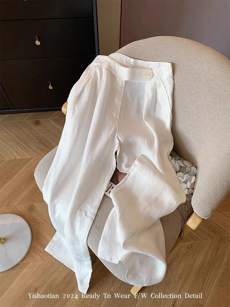 

Summer Baggy Cotton Linen Pants Women Elegant High Waist White Wide Leg Pants Woman Casual Loose Straight Full Trousers Female