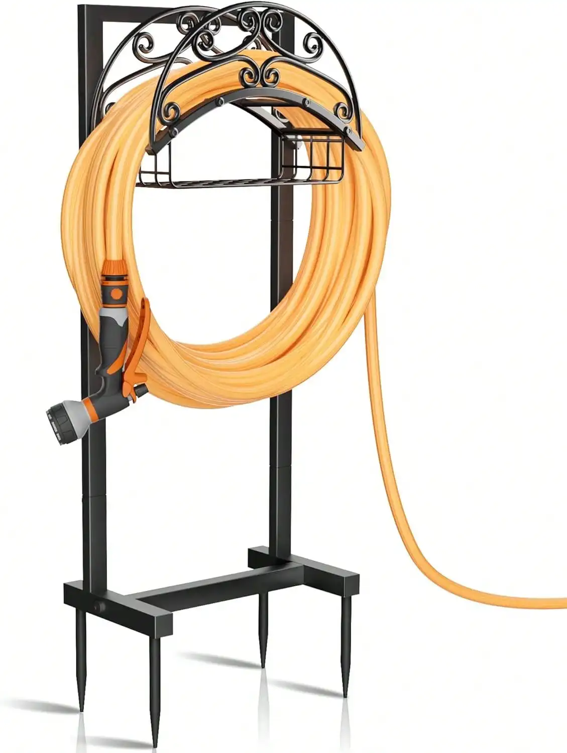 Upgraded Freestanding Garden Hose Holder Stand with Storage Basket, Holds 151ft, Heavy Duty Metal Hanger for Outdoor Yard