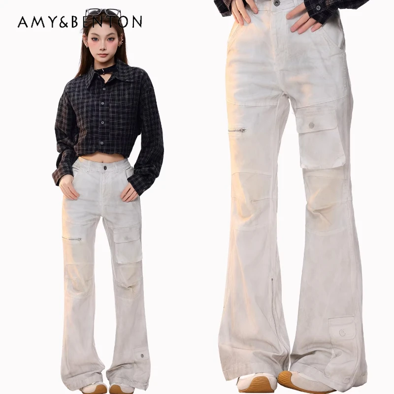 

Vintage Design Off-White Women's Bell-bottoms 2026 Spring New Sweet Cool High Waist Casual Multi-Pocket Pleated Overalls Ladies