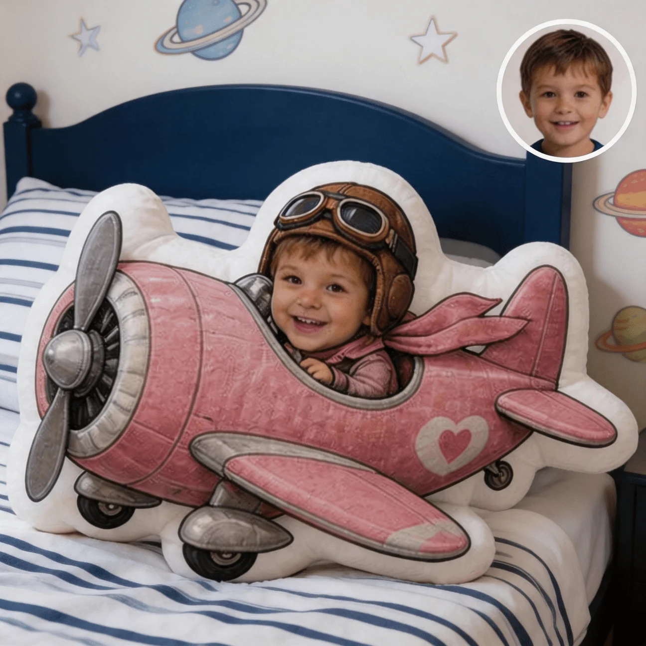 Personalized Photo Customization Pillow: Vintage Aviator Character Pink Aircraft Custom Shaped Decorative Cushion, Stylized Illu