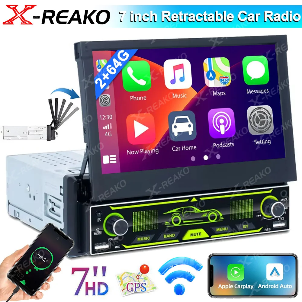 

X-REAKO 7-дюймовый стерео выдвижной экран Carplay беспроводной Android авто радиоприемник RDS BT USB 1Din Android головное устройство GPS-навигация