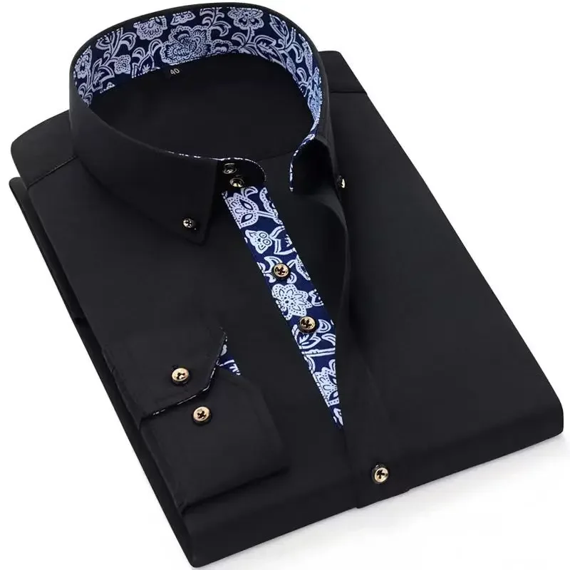 Men\'s Cotton Shirt Formal Business Collar Dress Shirts Long sleeve Spring Autumn Casual Wear Slim Fit Social Black Blue White