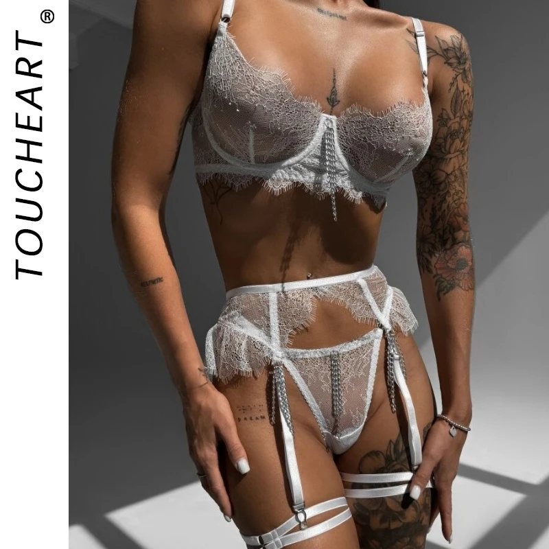 Toucheart 5 Piece Set Metal Chain Lace Bra Set Women See-through Sexy Lingerie Solid Color Lace Mesh Garter Belt Underwear Set