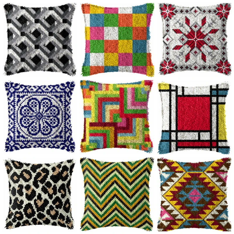 

Simple Retro Latch Hook Pillow Smyrna Package Leopard Plaid Knitted Embroidered Carpet Pillow Embroidery Latch Hook Carpet Kit