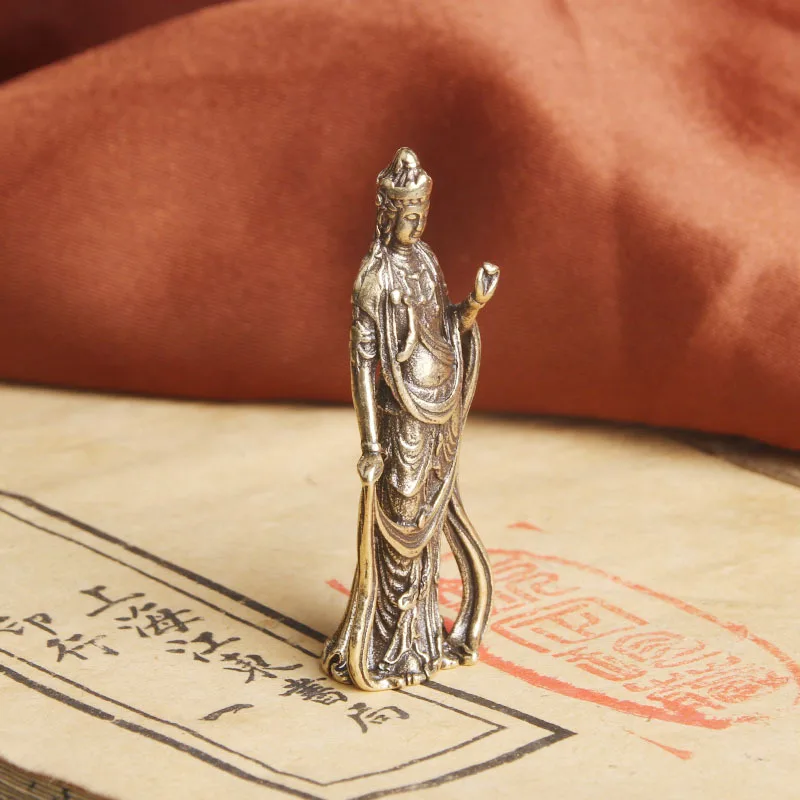 Brass Mahasthamaprapta Bodhisattva Desktop Ornament Standing Guanyin Statue Religious Offering Decoration Small Bronzewar