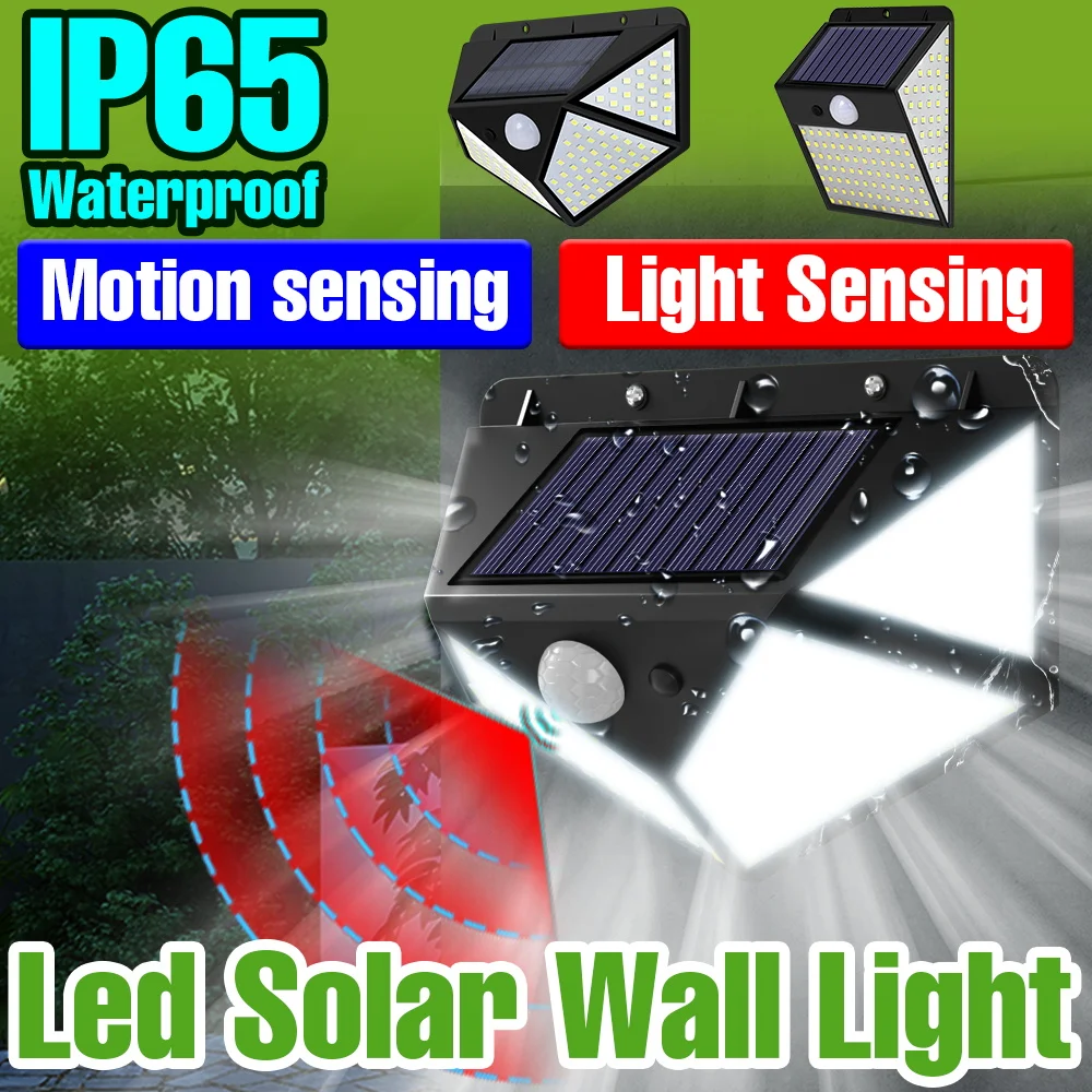 Éclairage mural solaire extérieur, lampe de sécurité sans fil étanche IP65, détecteur de mouvement PIR, projecteur extérieur pour jardin, cour, allée