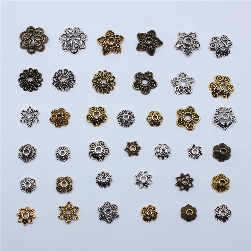 50pcs Tibetan Antique Silver Color Flower Bead End Caps For Jewelry Making Findings Needlework DIY Accessories Wholesale