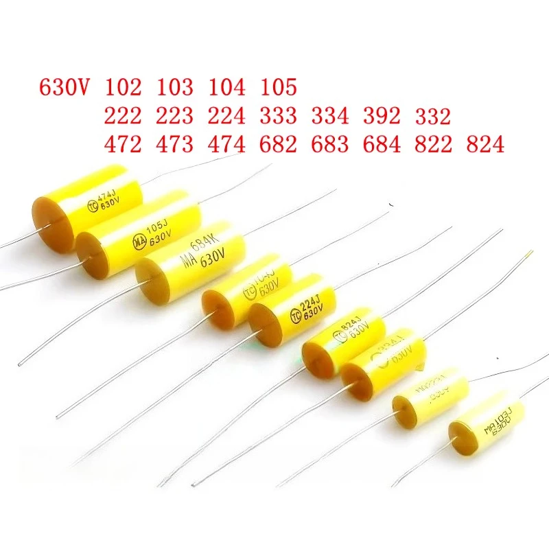 20pcs capacitor axial de áudio 102J 103J 104J 105J 222J 223J 224J 332J 333J 334J 392J 472J 473J 474J 682J 683J 684J 822J 824J 102K