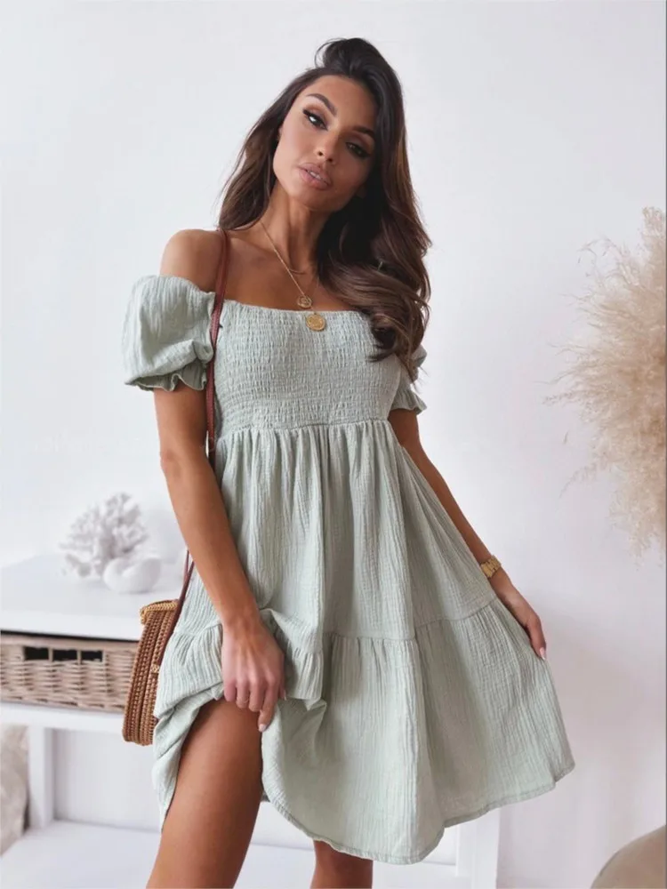 Summer One-piece Collar Short Sleeve Backless Mini Dress Women Fashionable New Solid Color Elegant Beach Vacation Dresses Female