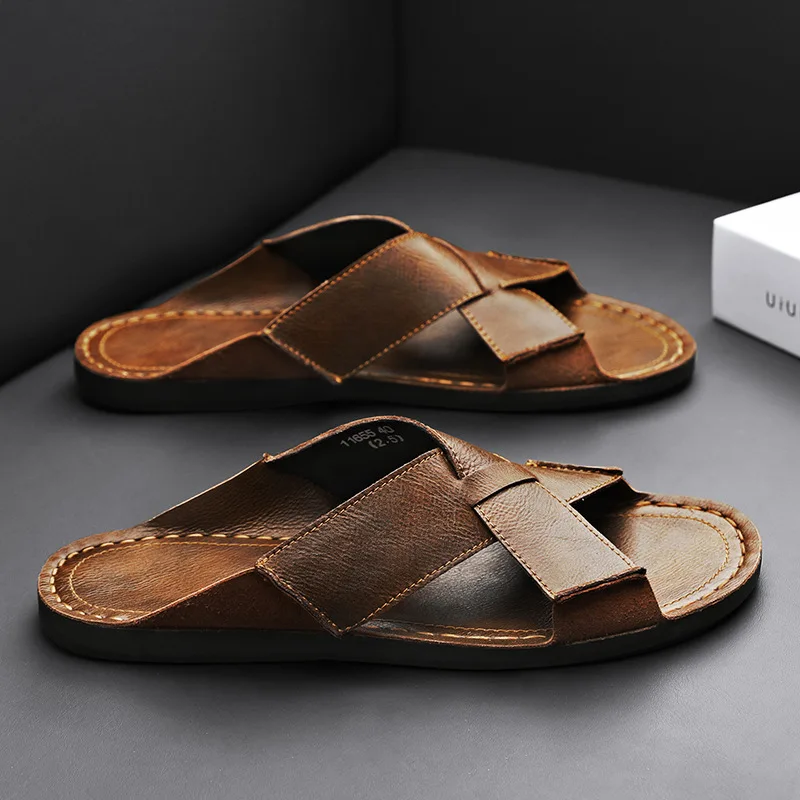 

Plus Size Men's Slippers Summer Genuine Leather Men's Non Slip Breathable Beach Sandals Casual Men's Shoes