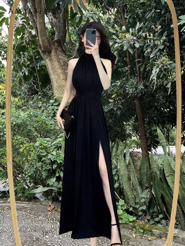 

2025 Summer Women's High-End Black Halter Neck Sleeveless Dress French Style Elegant Slit Waist-Cinching White Red Long Dress