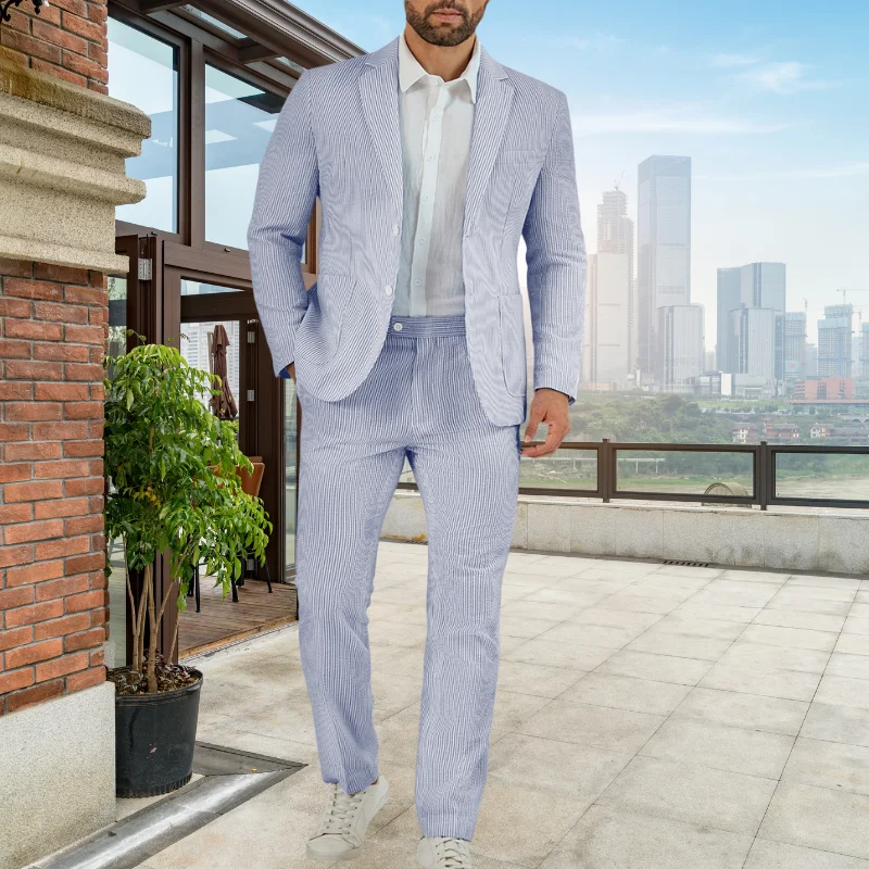 

Мужской летний костюм из сирсакера для пляжной свадьбы, классический повседневный костюм из сирсакера для женихов, выпускных вечеров и торжеств