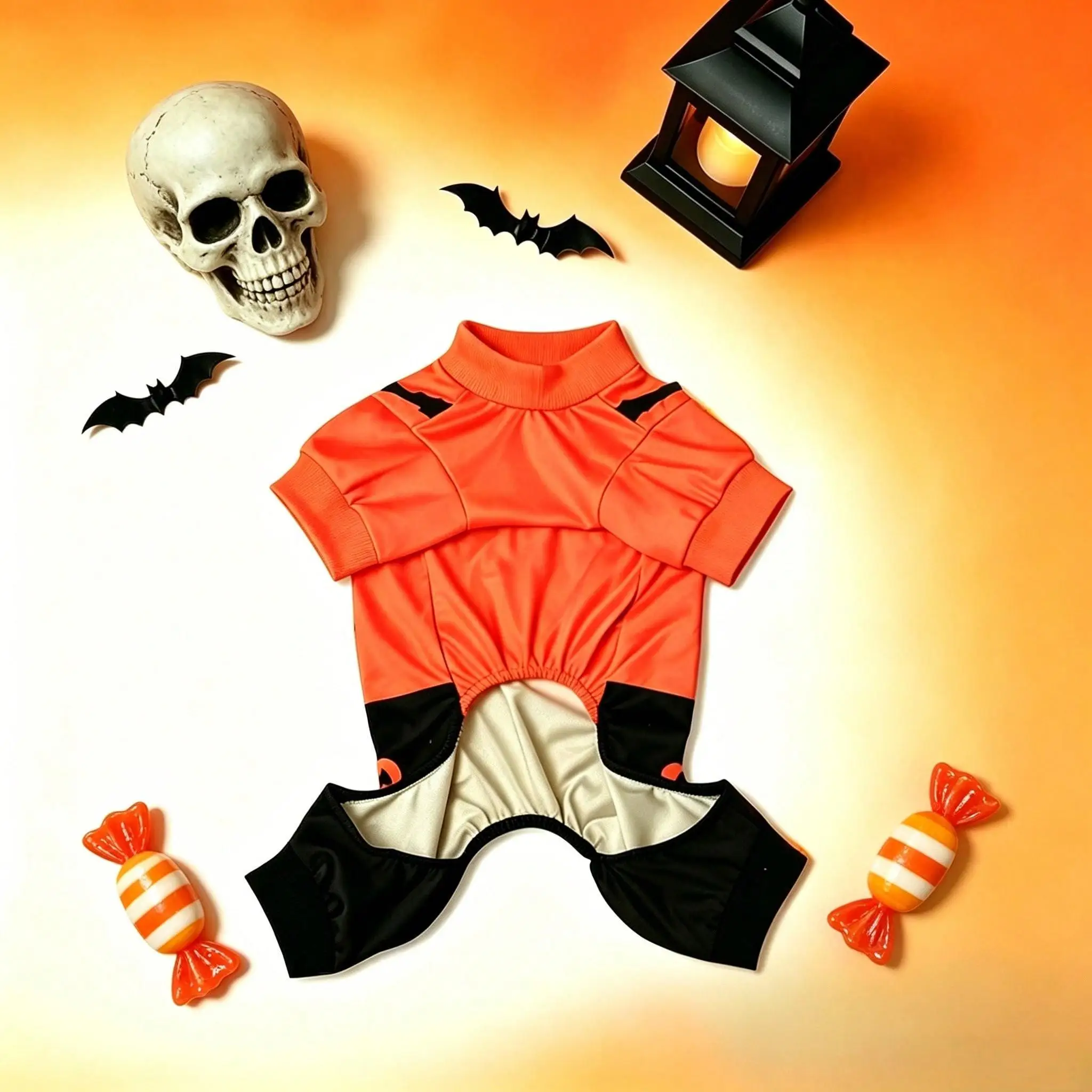 Halloween-Hundepyjama mit Kürbis-Jack-O-Lantern-Gesicht, Haustier-Onesie, 4-beiniger Welpen-Jumpsuit, Festtagskleidung für kleine und mittelgroße Hunde und Katzen – Detail 8