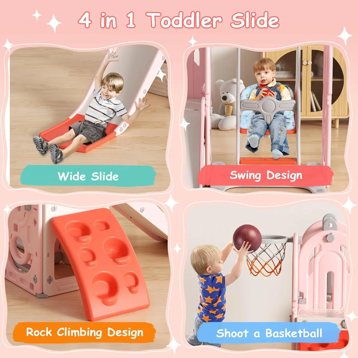 5 in 1 Toddler Slide, Swing and Slide for Toddlers Age 1-3 with Basketball Hoop and Basketball, Slide for Kids, Indoor Outdoor B