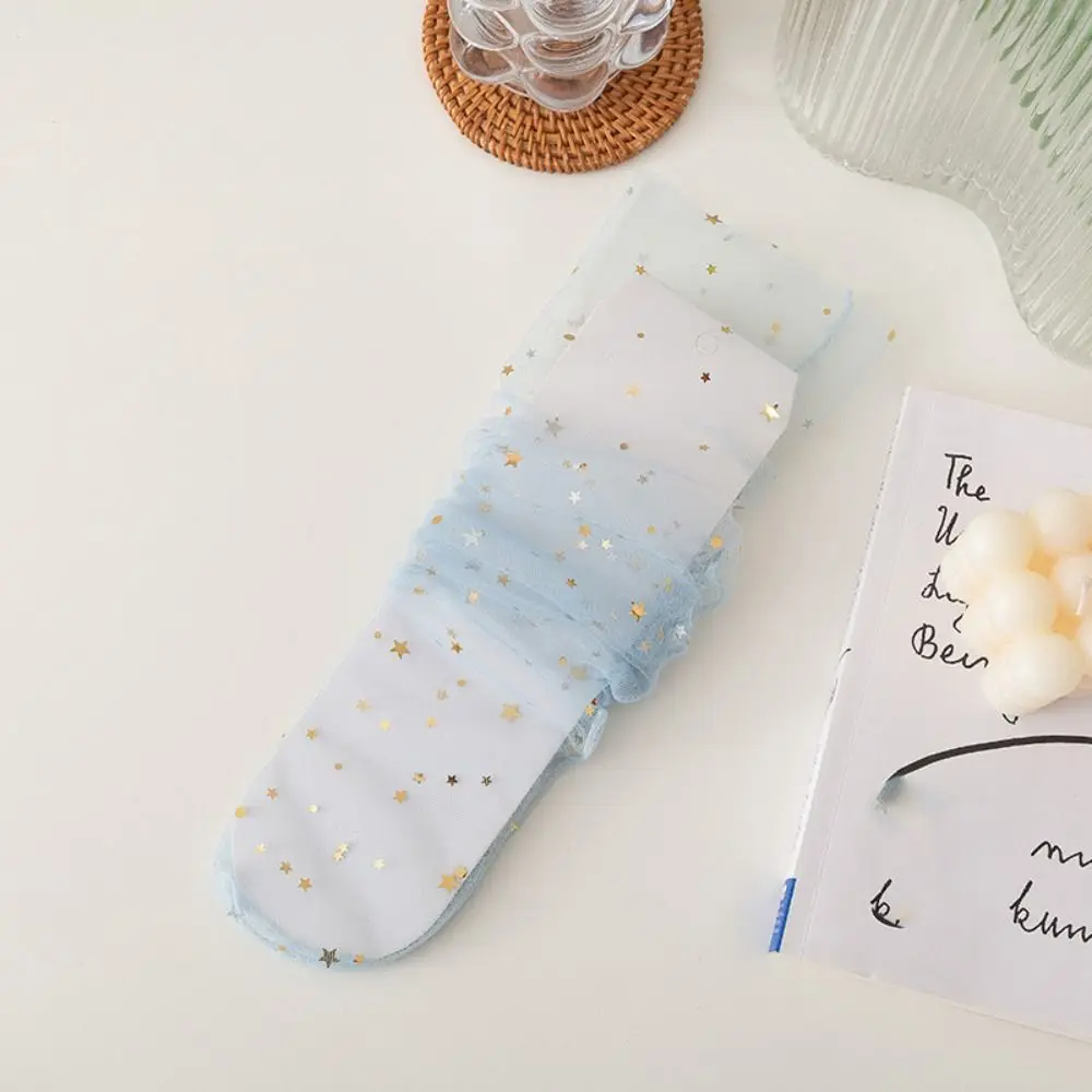 5Pairs Star Moon Transparent Bow Socks Mid-calf Sweet Tulle Shiny Socks Female Hosiery Breathable Mesh Tube Socks Women