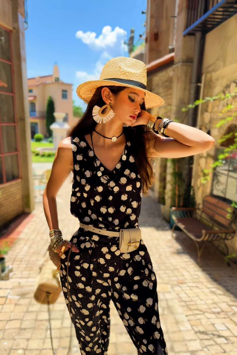 

Summer Print Tank Women's Top Vest Spaghetti Strap+Wide-Leg Pants Separately Camisole Y2K 2025 New DABUWAWA DM2AVS002