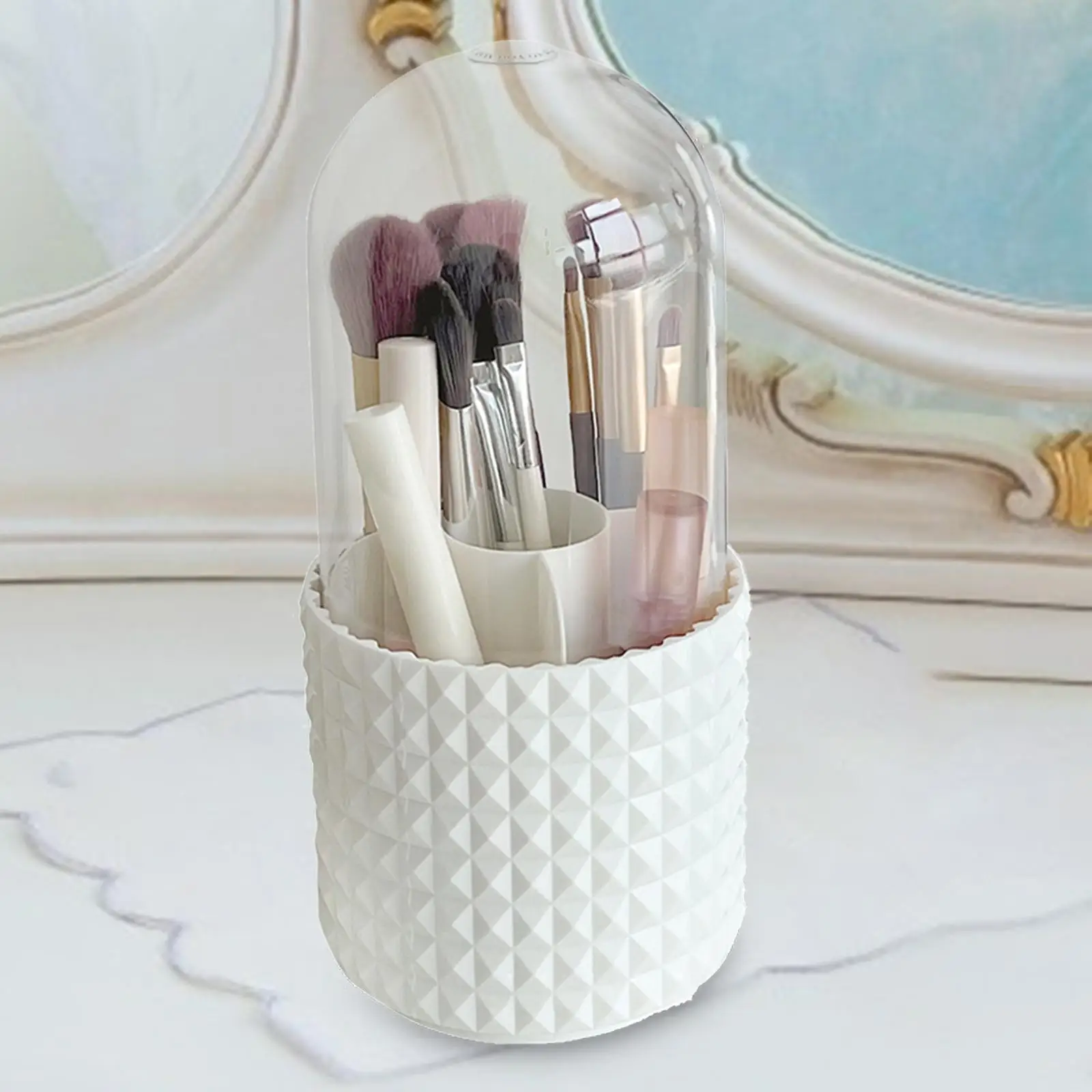 

Make up Brush Storage Holder Transparent Lid Countertop 5 Compartments Desktop