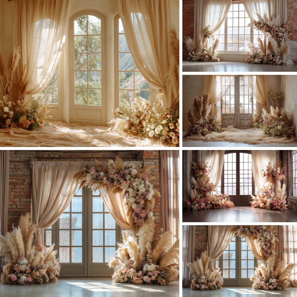 Boho Beige Pampasgrass Room Photography Background Window Wedding Adult Birthday Maternity Portrait Decor Backdrop Photo Studio
