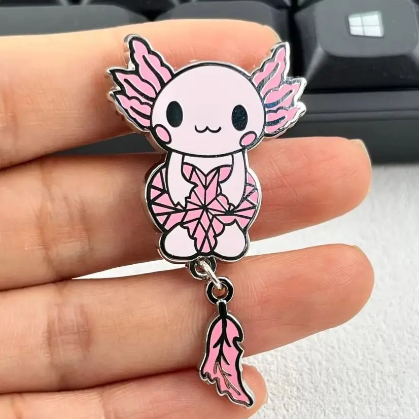 Cute Axolotl Metal Brooch Pink Heart Enamel Pin Hanging Leaf Pendant Kawaii Salamander Badge Clothes Backpack Lapel Pins Girls G